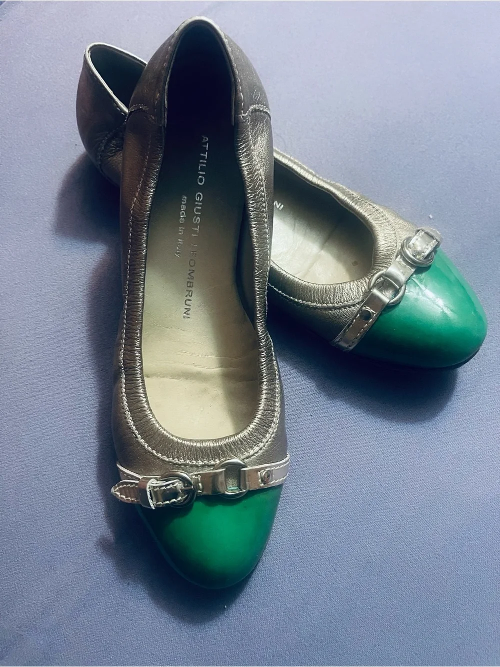 Attilio Giusti Leombruni Metallic Taupe Flats with Green Patent Toe